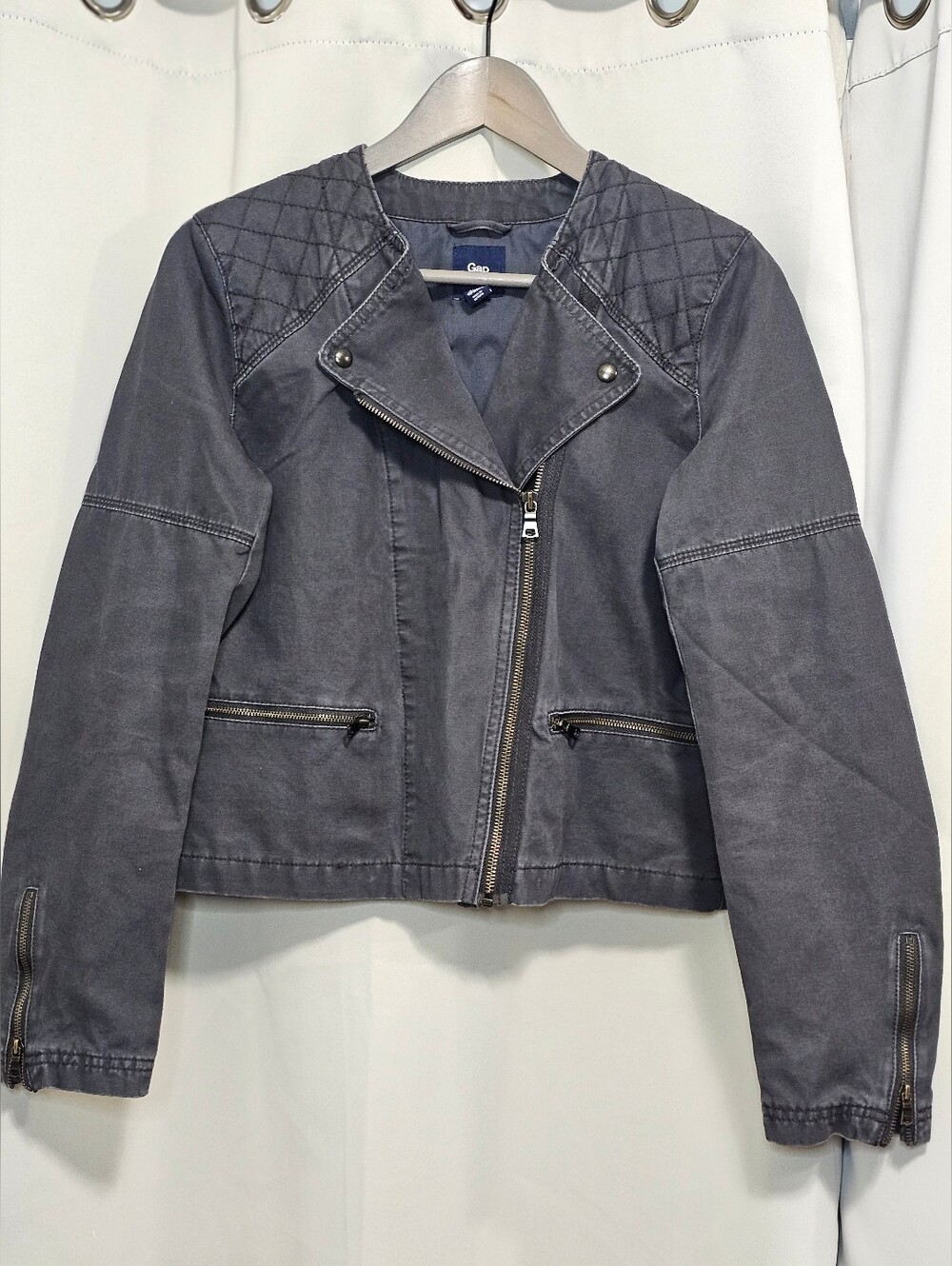 Gap Women’s Small Quilted Shoulder Moto Jacket Cotton Twill Asymmetric Zip Grey